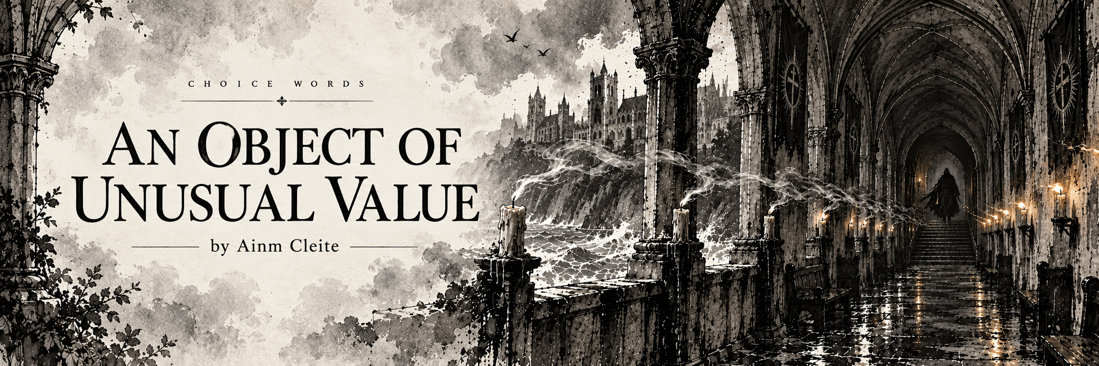 An Object of Unusual Value by Ainm Cleite, above a candlelit cloister and a rough sea